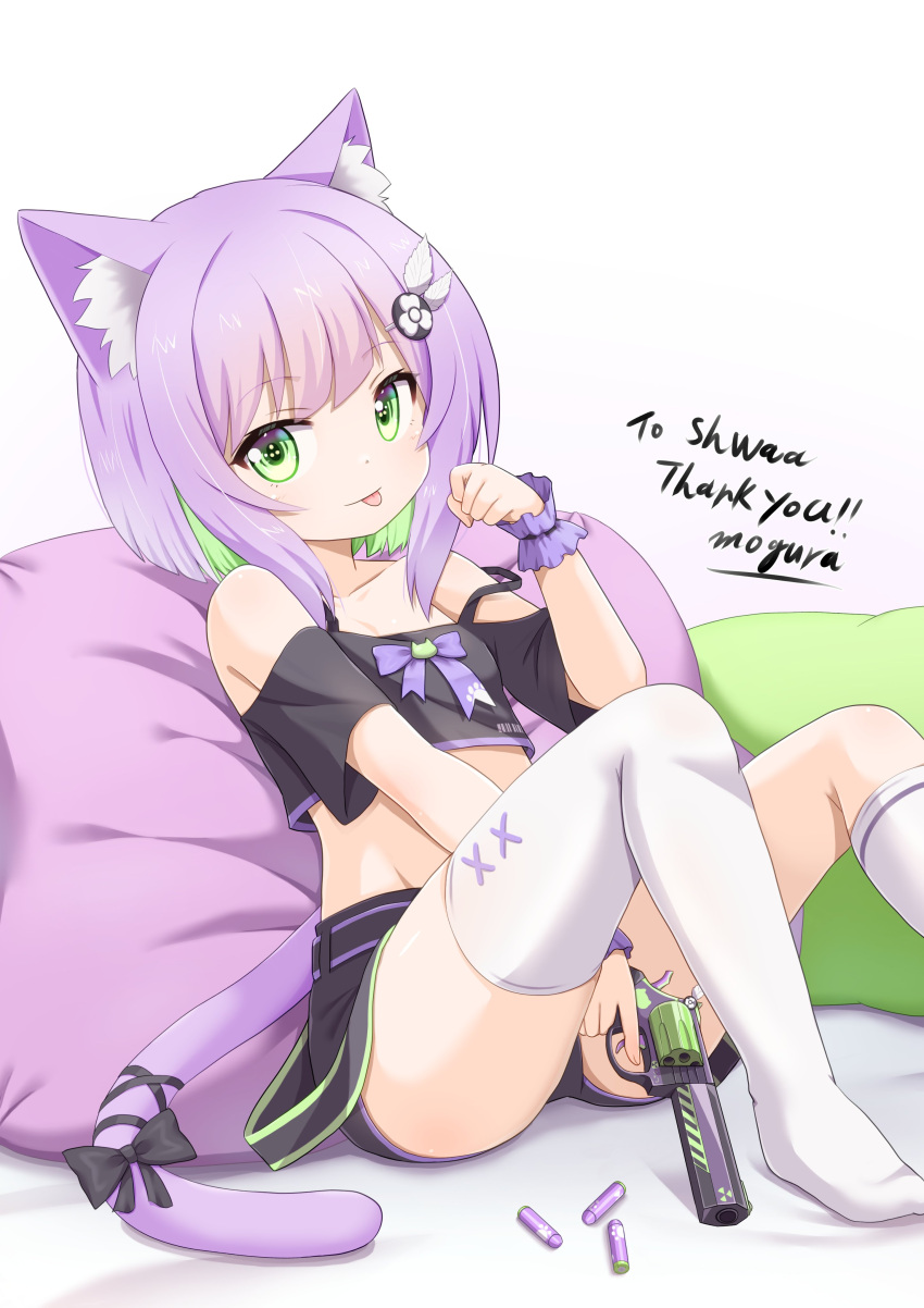 1girl :p absurdres animal_ear_fluff animal_ears arm_up black_shirt black_shorts breasts cat_ears cat_girl cat_tail crop_top green_eyes gun hair_ornament handgun highres indie_virtual_youtuber midriff mogura2009 paw_pose pillow purple_hair shirt short_hair short_shorts short_sleeves shorts shwaa single_thighhigh sitting small_breasts smile solo strap_slip tail thighhighs thighs tongue tongue_out virtual_youtuber weapon white_thighhighs