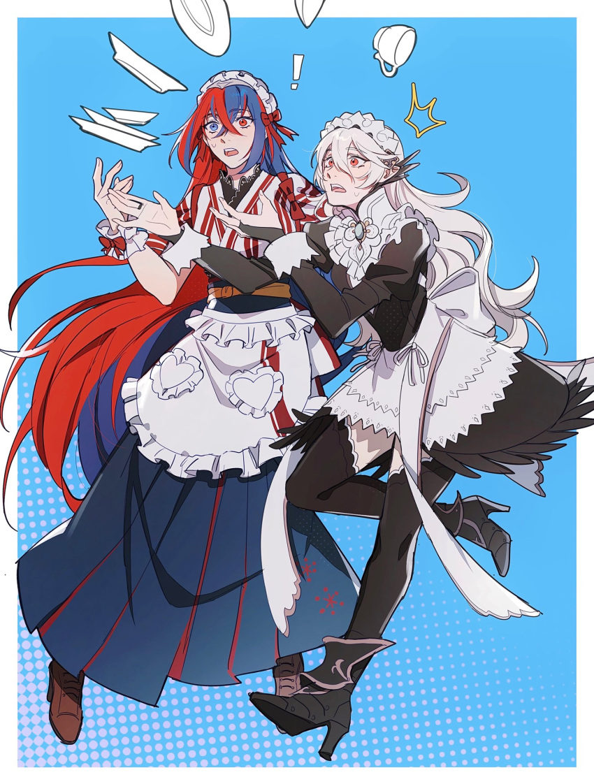 2girls accident alear_(female)_(fire_emblem) alear_(fire_emblem) apron blue_hair clumsy crossed_bangs fire_emblem fire_emblem_engage fire_emblem_fates frilled_apron frills heterochromia highres long_hair maid maid_apron maid_headdress multicolored_hair multiple_girls oratoza red_eyes red_hair split-color_hair tiara two-tone_hair very_long_hair waist_apron white_apron