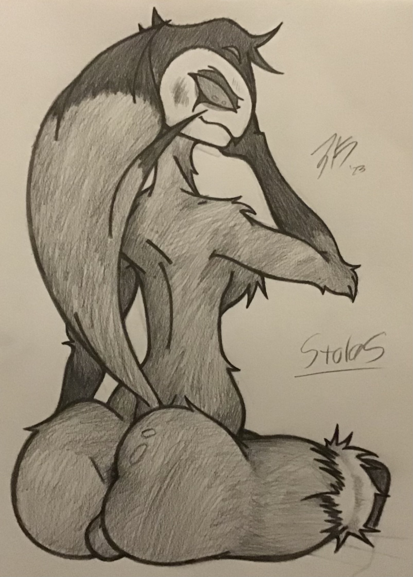 2023 anthro ars_goetia avian backsack balls beak big_butt bird blush butt chest_tuft demon english_text feather_hair feathers genitals hair helluva_boss hi_res johnnyfiveaces looking_at_viewer male monochrome no_pupils nude owl owl_demon pseudo_hair rear_view shaded signature sketch smile smiling_at_viewer solo stolas_(helluva_boss) tail tail_feathers text thick_thighs traditional_media_(artwork) tuft
