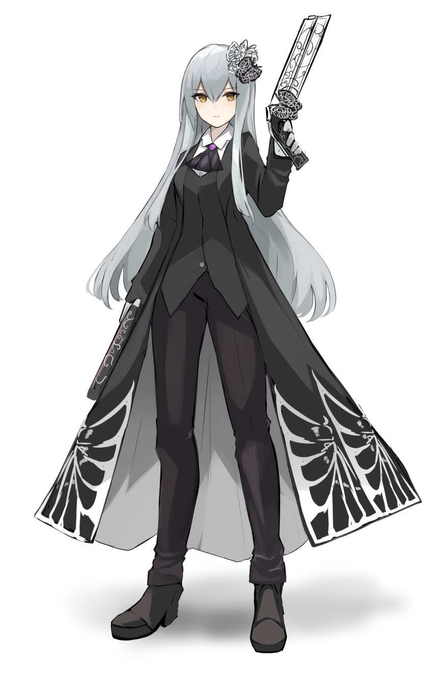 1girl angela_(project_moon) ascot black_ascot black_coat black_footwear black_pants black_vest blue_hair closed_mouth coat collared_shirt e.g.o_(project_moon) full_body funeral_of_the_dead_butterflies gun hakuou000 handgun highres holding holding_gun holding_weapon library_of_ruina long_sleeves looking_at_viewer pants project_moon shirt shoes simple_background solo vest weapon white_background white_shirt yellow_eyes