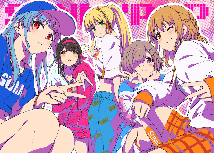 5girls :| alternate_costume alternate_hairstyle ayano_yuu_(sonma_1426) baggy_pants baseball_cap blonde_hair blue_hair blue_headwear blue_pants blue_shirt blush bracelet braid brown_hair chain_necklace closed_mouth cowboy_shot cropped_shirt crown_braid drawstring expressionless from_side green_hair grey_hair gyaru_v hairband halftone hat highres hood hood_down hoodie hyodou_shizuku ichinose_rei idoly_pride jewelry kawasaki_sakura_(idoly_pride) knee_up legs_together long_bangs long_sleeves looking_at_viewer midriff multiple_girls necklace off_shoulder open_mouth orange_eyes orange_hair orange_shorts orange_socks pants partially_unzipped pink_hairband plaid plaid_shorts purple_eyes red_eyes saeki_haruko_(idoly_pride) shiraishi_chisa shirt shorts sidelocks sitting smile socks squatting straight_hair sunny_peace v white_hoodie white_shirt yellow_eyes zipper