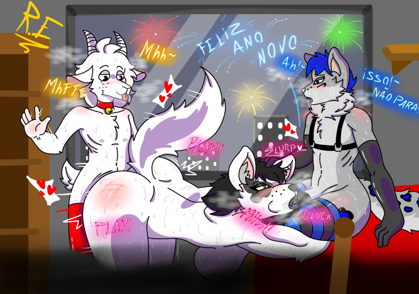 anthro belt_bra big_breasts big_female_small_male big_tail bodily_fluids bovid breasts butt_slap canid canine canis caprine collar female fireworks fox foxter_haruki_(oc) genitals goat group hi_res high_socks jheena_wolvear_(oc) male male/female mammal nipples oral oral_penetration penetration penis raul_maduro raul_maduro_(oc) slap spank_marks spanking spanking_butt sweat tail tongue tongue_out trio vaginal vaginal_penetration wolf