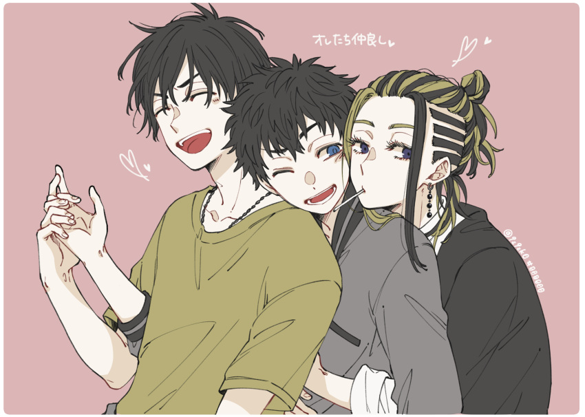 3boys ^_^ black_hair black_shirt blonde_hair blue_eyes closed_eyes closed_mouth coppe earrings grey_shirt hair_bun hair_pulled_back hanagaki_takemichi hand_up highres hug hug_from_behind imaushi_wakasa jewelry looking_at_viewer male_focus medium_hair mouth_hold multicolored_hair multiple_boys necklace one_eye_closed open_mouth pink_background purple_eyes sano_shinichirou shirt short_hair single_earring smile tokyo_revengers two-tone_hair upper_body yellow_shirt