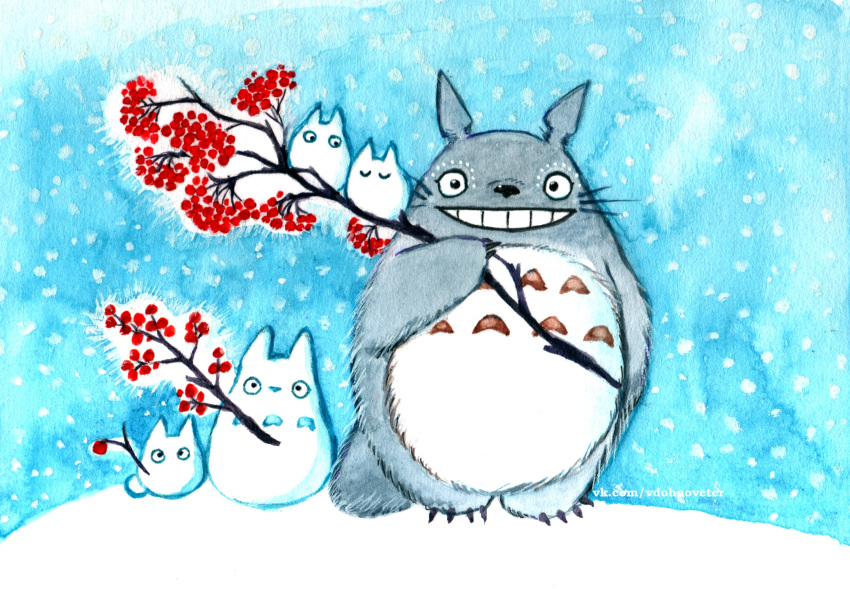 artist_name branch grey_fur highres holding holding_branch looking_at_viewer no_mouth rowan size_difference smile snow snowflakes standing teeth tonari_no_totoro totoro traditional_media vdohnoveter web_address whiskers white_fur winter