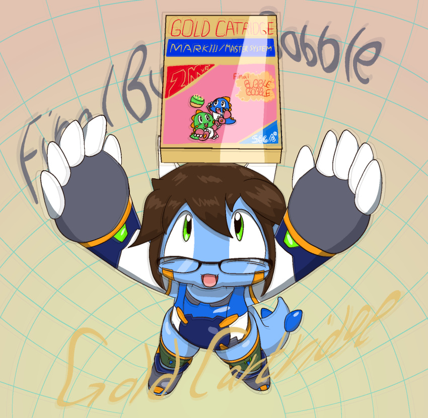 anthro armwear biped bird's-eye_view blue_body bob_(bubble_bobble) box brown_hair bub_(bubble_bobble) bubble_bobble bubble_dragon claws clothing container curved_text dragon eyewear facial_markings fin floating_object geometric_background glasses gloves green_eyes grid_background grid_floor grid_lines gunma747j gunma_(gunma747j) hail-fanged_dragon hair handwear head_fin head_horn head_markings hi_res high-angle_view holding_object horn hyogaryu kemono legwear looking_at_object looking_up male markings one-piece_swimsuit open_mouth open_smile pattern_background perspective_shot shaded simple_background smile solo swimwear taito text