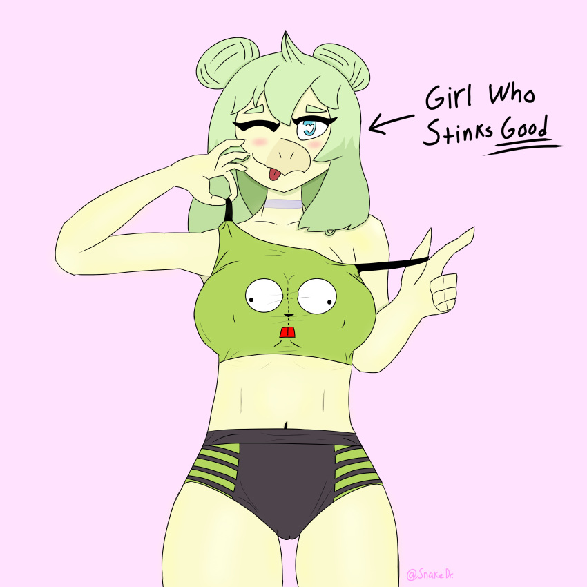&lt;3 &lt;3_eyes 1:1 2023 absurd_res anthro artist_name big_breasts bikini blush breasts camel_toe choker clothed clothing digital_drawing_(artwork) digital_media_(artwork) dinosaur english_text female fingers gir_(invader_zim) goodbye_volcano_high green_hair hair hi_res invader_zim jewelry long_hair looking_at_viewer midriff navel necklace nickelodeon off_shoulder one_eye_closed ornithischian pink_background reptile scales scalie signature simple_background smile snoot_game solo stegosaurian stegosaurus stella_(gvh) swimwear teal_eyes text thyreophoran tongue tongue_out unknown_artist unknown_artist_signature wink winking_at_viewer yellow_body yellow_scales