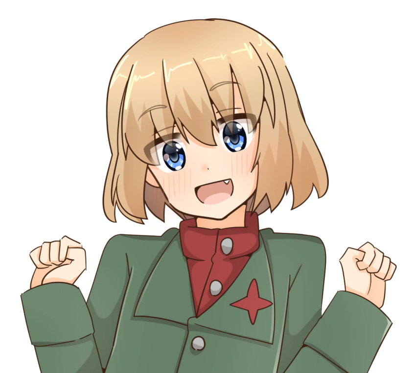 1girl :d blonde_hair blue_eyes bob_cut clenched_hands fang girls_und_panzer green_jacket jacket katyusha_(girls_und_panzer) long_sleeves looking_at_viewer pravda_school_uniform red_shirt rico_(rico-tei) school_uniform shirt short_hair smile solo turtleneck upper_body w_arms