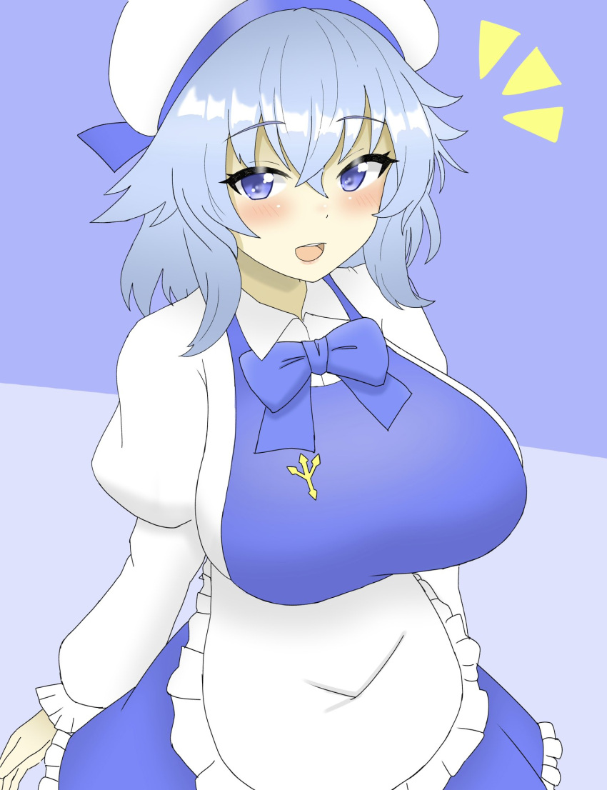 1girl :d apron blue_background blue_eyes blue_hair breasts commentary highres juliet_sleeves large_breasts letty_whiterock long_sleeves looking_at_viewer medium_hair one-hour_drawing_challenge open_mouth polearm puffy_sleeves shirokumall smile solo touhou trident two-tone_background upper_body waist_apron weapon white_headwear