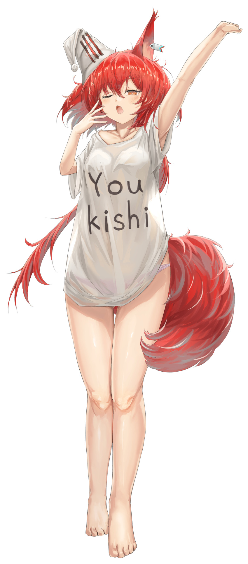 1girl absurdres animal_ears arknights arms_up breasts ear_covers ear_tag flametail_(arknights) full_body hair_between_eyes highres long_hair one_eye_closed open_mouth orange_eyes panties ponytail putcho red_hair shirt simple_background single_ear_cover small_breasts solo squirrel_ears squirrel_girl squirrel_tail standing stretching t-shirt tail underwear very_long_hair white_background white_panties white_shirt yawning