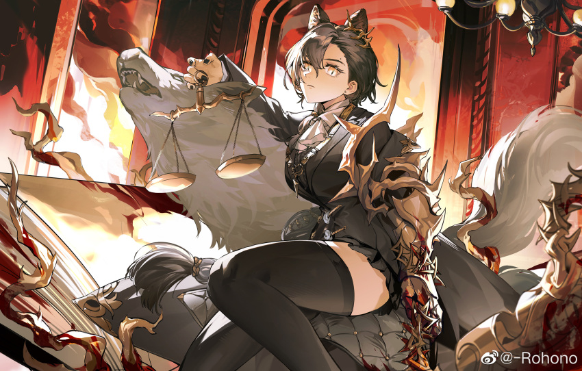 1girl animal_ear_fluff animal_ears arknights armored_gloves ascot black_jacket black_nails black_skirt black_thighhighs blood blood_on_weapon braid chandelier chinese_commentary closed_mouth commentary_request feet_out_of_frame fingernails frown gloves grey_hair hair_between_eyes highres holding_scale jacket jewelry long_hair looking_at_viewer mole_above_eye nail_polish necklace penance_(arknights) pleated_skirt rohono single_braid single_glove skirt slit_pupils solo tail thighhighs very_long_hair weapon weibo_logo weibo_username weighing_scale white_ascot wolf wolf_ears wolf_girl wolf_tail yellow_eyes