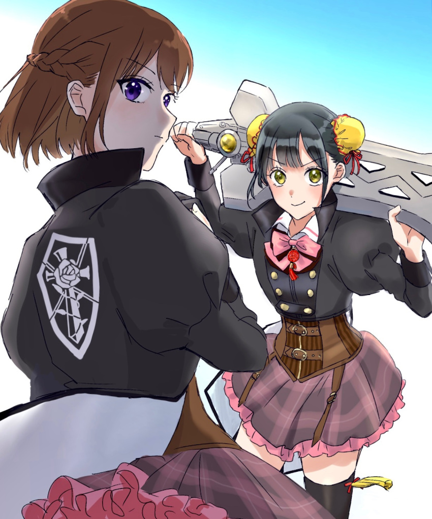 &gt;:) 2girls arm_up assault_lily belt belt_buckle black_hair black_jacket black_thighhighs blue_background bow bowtie braid brown_belt brown_hair brown_skirt buckle bun_cover buttons closed_mouth coattails collared_shirt commentary_request corset cowboy_shot double_bun emblem french_braid frilled_skirt frills gradient_background hair_bun hand_up high_collar highres holding holding_sword holding_weapon jacket jewelry juliet_sleeves li_christina_susu long_sleeves looking_at_viewer looking_to_the_side ludvico_private_girls'_academy_school_uniform miniskirt multiple_belts multiple_girls over_shoulder pendant pink_bow pink_bowtie puffy_sleeves purple_eyes school_uniform shakeza shirt short_hair sideways_glance skirt smile sword sword_over_shoulder takatori_natalie_towa tassel thighhighs v-shaped_eyebrows weapon weapon_over_shoulder white_background white_shirt zettai_ryouiki