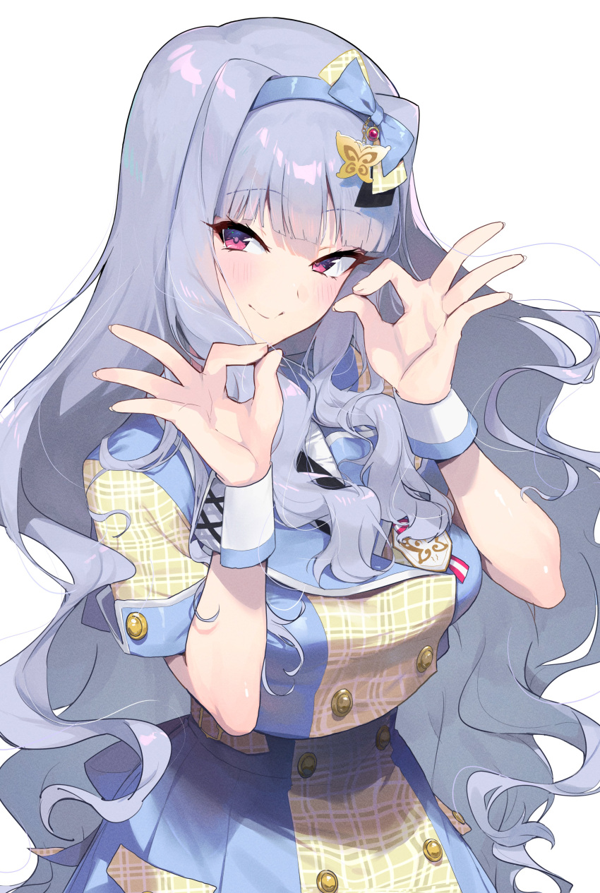 1girl absurdres blush breasts cropped_jacket finger_counting grey_hair highres idolmaster idolmaster_million_live! jacket large_breasts long_hair looking_at_viewer midnamana multicolored_clothes multicolored_jacket plaid pleated_skirt purple_eyes shijou_takane short_sleeves simple_background skirt smile solo two-tone_jacket two-tone_skirt very_long_hair white_background wrist_cuffs