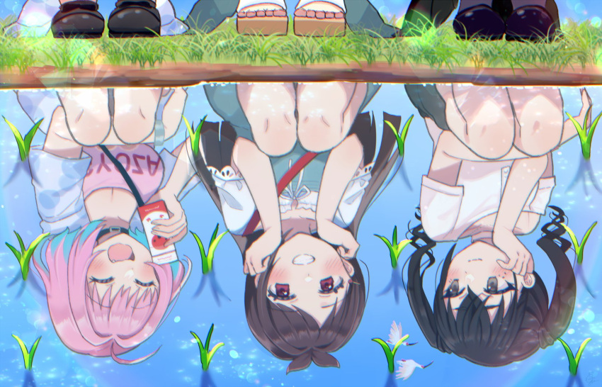 #unicus_(idolmaster) 3girls blush breasts cleavage dress grass gum_(vivid_garden) hands_on_own_cheeks hands_on_own_face highres idolmaster idolmaster_cinderella_girls large_breasts looking_at_another multiple_girls outdoors pinafore_dress reflection reflective_water rice_planting sleeveless sleeveless_dress smile squatting sunazuka_akira tsujino_akari yumemi_riamu