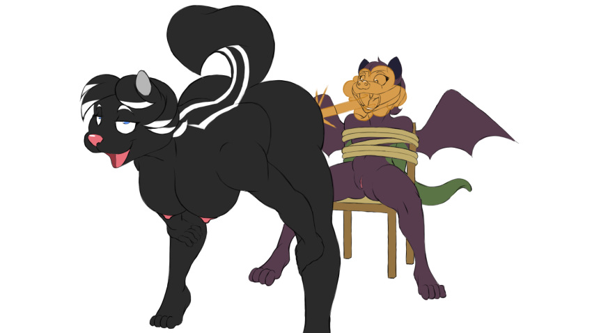 anthro arms_tied bat bent_over big_breasts bound breasts chair duo el_brapitto fart fart_cloud fart_fetish farting_in_mouth farting_on_another farting_on_face female furniture gag genitals hands_on_knees hands_on_legs hi_res male male/female mammal mephitid nude pussy relieved restraints ring_gag rope skunk skunk_spray skunk_tail wings