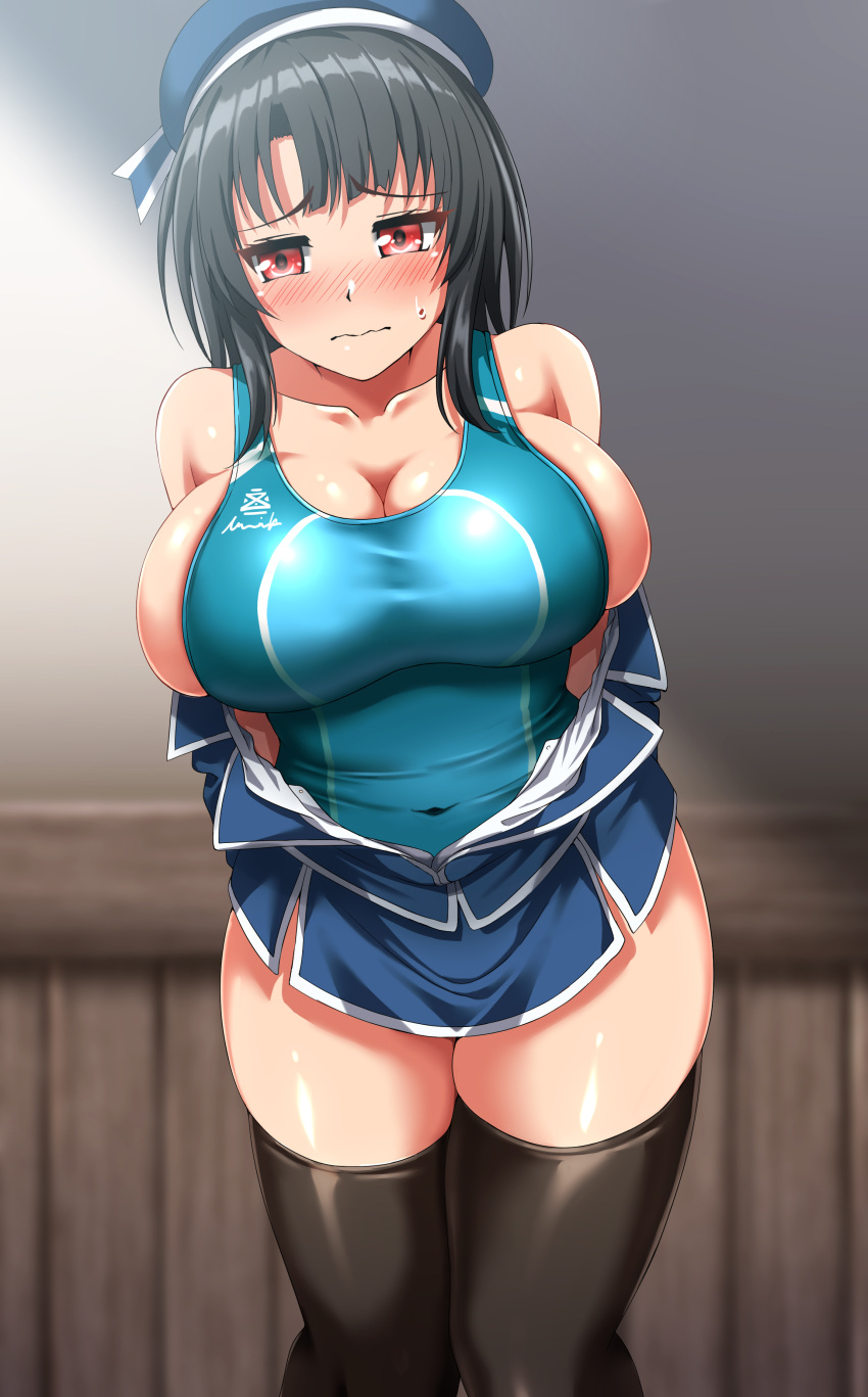 1girl absurdres aqua_one-piece_swimsuit beret black_hair black_thighhighs blue_headwear blue_skirt blush breasts collarbone competition_swimsuit embarrassed hat highres huge_breasts kantai_collection military_uniform miniskirt one-piece_swimsuit red_eyes short_hair sideboob skirt solo standing sweatdrop swimsuit takao_(kancolle) thighhighs undressing uniform zanntetu