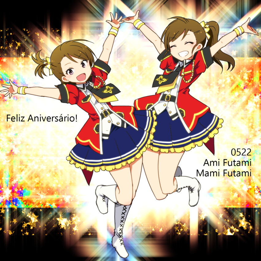 2girls ^_^ animal_print arms_up belt black_belt blue_skirt boots bow breasts brown_hair butterfly_print character_name closed_eyes dot_nose frilled_skirt frills full_body futami_ami futami_mami grin hair_bow hair_ribbon happy_birthday highres idolmaster idolmaster_(classic) idolmaster_million_live! idolmaster_million_live!_theater_days jacket jumping kidachi leg_up long_hair looking_at_viewer multicolored_background multiple_girls necktie open_clothes open_hands open_jacket open_mouth pleated_skirt portuguese_text print_necktie purple_eyes red_jacket ribbon shirt short_hair short_sleeves siblings side_ponytail sisters skirt small_breasts smile sparkle standing standing_on_one_leg starry_background twins two-tone_necktie white_footwear white_shirt yellow_ribbon yellow_wristband