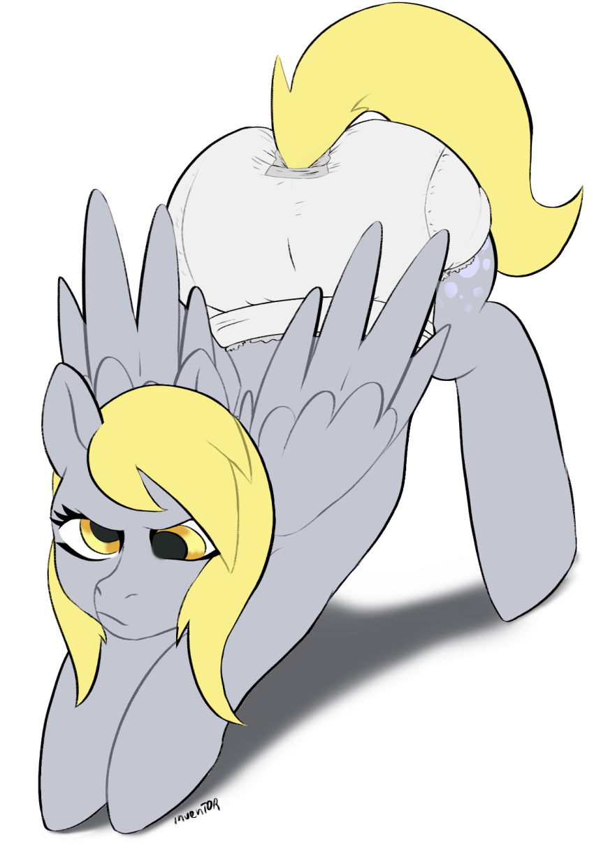 2022 2:3 3:4 angry anthro arched_back blonde_hair butt clothed clothing derpy_hooves_(mlp) diaper diaper_fetish diaper_only digital_media_(artwork) equid equine eyebrows eyelashes feathered_wings feathers female feral flat_colors friendship_is_magic grey_body grey_stripes hair hasbro hi_res hooves horse infantilism inventor_(artist) jack-o'_pose light light_body light_skin long_hair long_tail looking_at_another looking_at_viewer looking_away looking_down looking_up mammal markings mouth_closed my_little_pony pale_body pale_skin pegas piercing pony pose raised_tail rear_view samyrai shadow signature simple_background solo solo_focus stripes tail topless wearing_diaper wings yellow_eyes yellow_tail