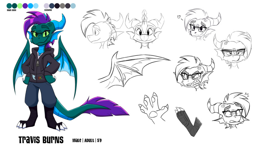 anthro autism_symbol badge bottomwear claws clothed clothing dragon flippers hair hi_res hoodie horn male model_sheet pants reference_image tail topwear travis_burns travis_the_dragon wings