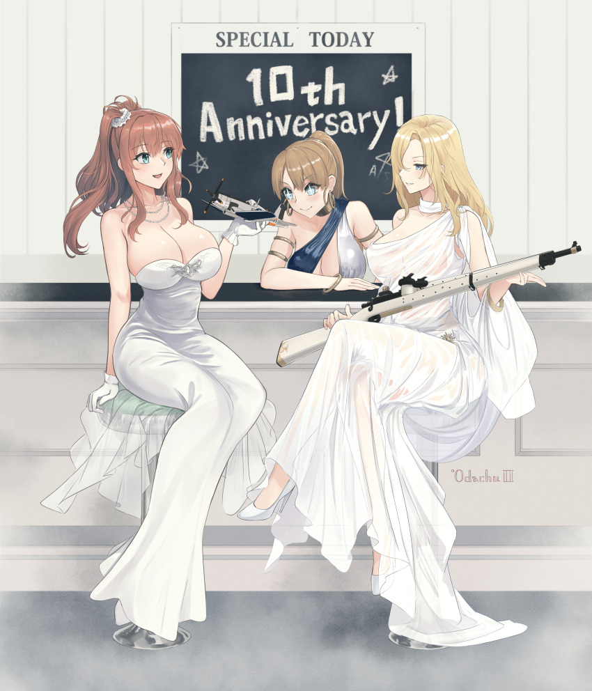 3girls absurdres alternate_costume alternate_hair_ornament bar_stool blonde_hair blue_eyes blue_sash breasts brown_hair dress earrings english_text gloves gun hair_between_eyes hair_ornament hair_scrunchie high_heels high_side_ponytail highres holding holding_gun holding_weapon hoop_earrings hornet_(kancolle) intrepid_(kancolle) jewelry kantai_collection large_breasts light_brown_hair long_hair m1903_springfield model_airplane multiple_girls necklace odachu ponytail rifle saratoga_(kancolle) sash scrunchie short_hair side_ponytail sidelocks sitting sleeveless sleeveless_dress stool strapless strapless_dress weapon white_dress white_footwear white_gloves white_scrunchie