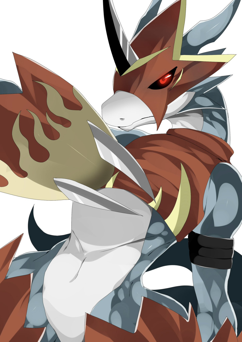 anthro armor bandai_namco black_sclera blue_body claws clothed clothing digimon digimon_(species) digital_media_(artwork) dragonryuusuki flamedramon headgear helmet hi_res horn looking_at_viewer male pupils red_eyes red_pupils scalie simple_background solo suggestive_look suggestive_pose topwear veemon weapon white_body