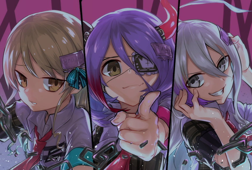 3girls ahoge brown_eyes brown_hair chain closed_mouth collared_shirt eyepatch fang grey_eyes grin hair_between_eyes hair_ornament hayasaka_mirei highres horns hoshi_syoko idolmaster idolmaster_cinderella_girls individuals_(idolmaster) looking_at_viewer morikubo_nono multicolored_hair multiple_girls neckerchief necktie parted_lips pointing pointing_at_viewer purple_hair red_hair red_neckerchief shirt sho_bu_1116 simple_background skin_fang smile upper_body white_shirt