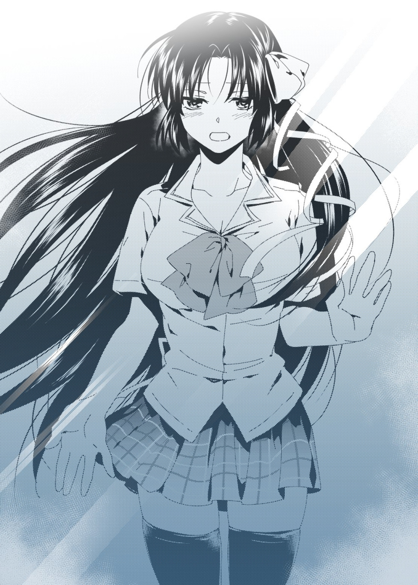 1girl black_thighhighs blue_eyes breasts cleavage collarbone collared_shirt cowboy_shot hair_ribbon half_updo hand_on_glass highres kurugaya_yuiko large_breasts little_busters! long_hair looking_at_viewer monochrome muiko_i neck_ribbon open_mouth parted_bangs plaid plaid_skirt pleated_skirt ribbon shirt short_sleeves side_ponytail sidelocks skirt solo thighhighs