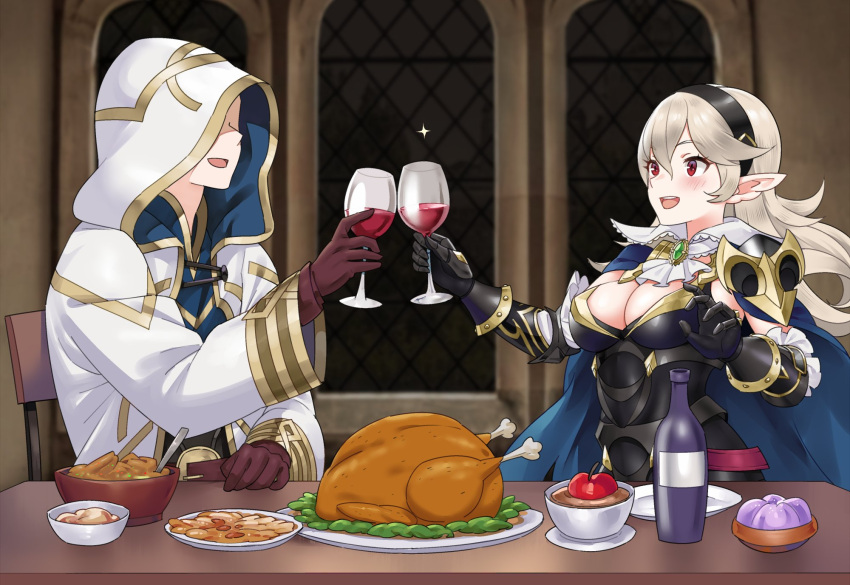 1boy 1girl apple black_hairband bottle breasts corrin_(female)_(fire_emblem) corrin_(fire_emblem) couple cup detached_collar dinner drinking_glass english_commentary faceless faceless_male fire_emblem fire_emblem_fates fire_emblem_heroes food fruit gelatin gold_trim grey_hair hairband hetero highres hood hood_up hooded_robe igni_tion indoors kiran_(fire_emblem) kiran_(male)_(fire_emblem) large_breasts looking_at_another mashed_potatoes open_mouth pointy_ears red_eyes robe teeth thanksgiving toasting_(gesture) turkey_(food) upper_body upper_teeth_only white_robe wine_bottle wine_glass