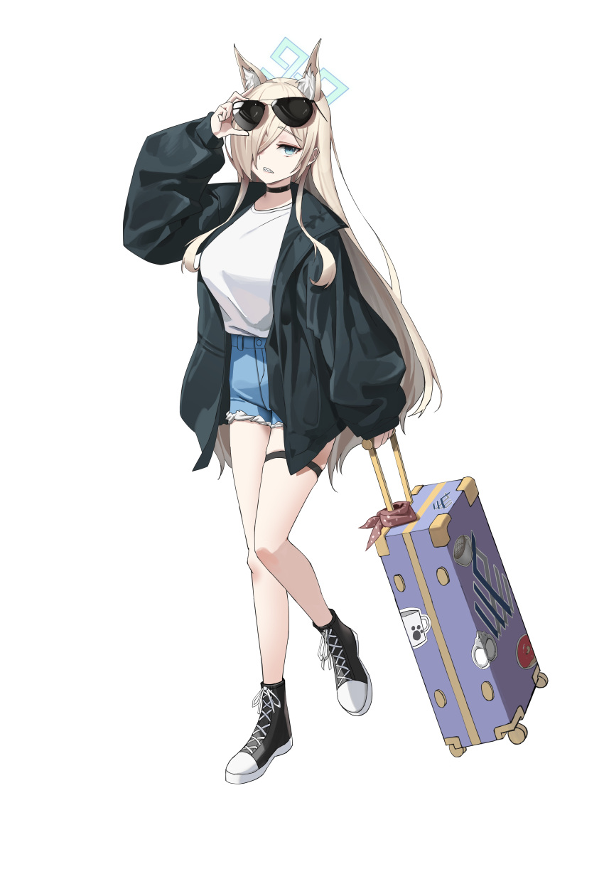 1girl absurdres animal_ear_fluff animal_ears black_choker black_footwear black_jacket blonde_hair blue_archive blue_eyes blue_shorts breasts choker clenched_teeth denim denim_shorts espresso_1004 eyewear_on_head full_body green_halo hair_over_one_eye halo highres jacket kanna_(blue_archive) large_breasts long_hair open_clothes open_jacket shirt shoes shorts simple_background solo suitcase sunglasses teeth white_background white_shirt