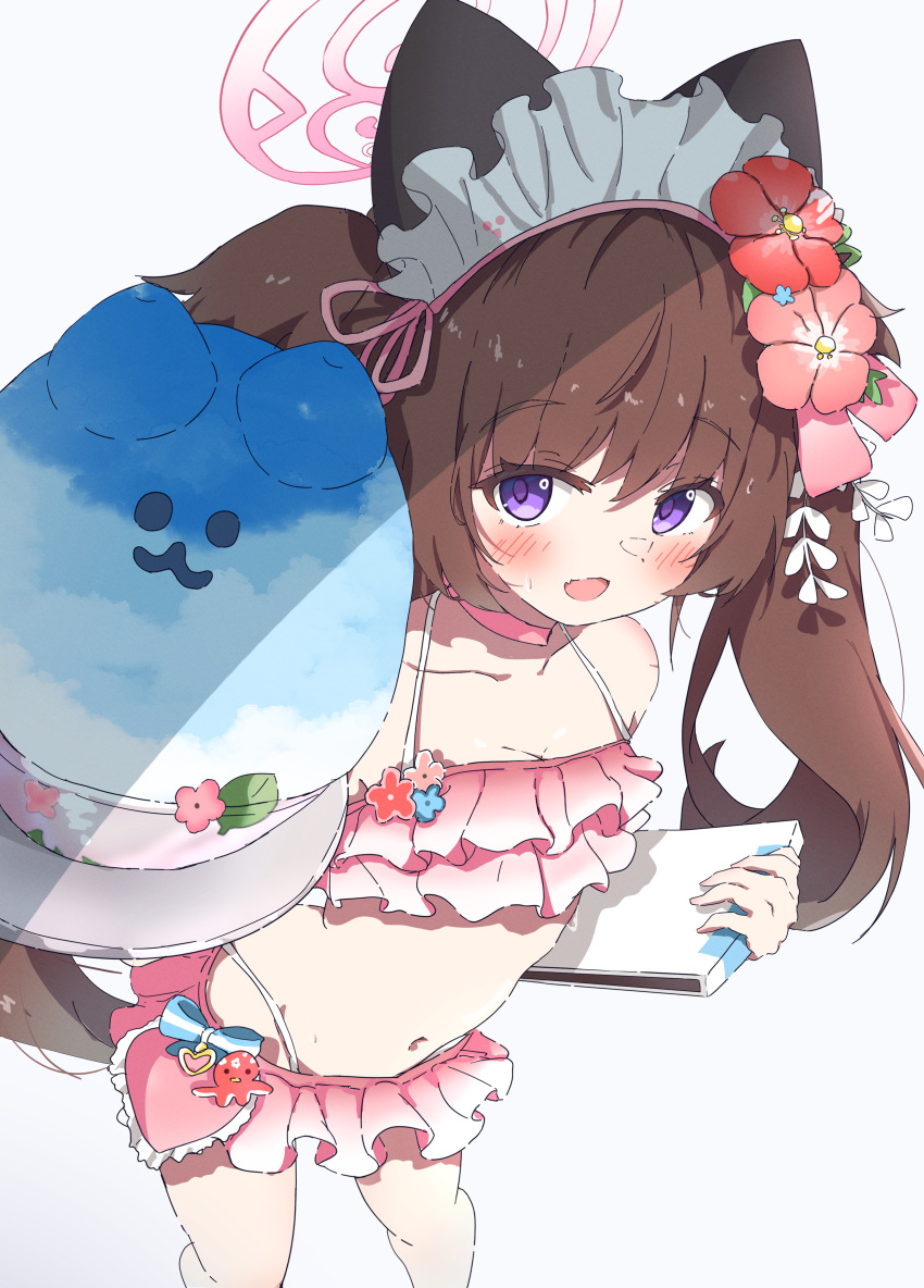 1girl :3 absurdres animal_ears bikini blue_archive breasts brown_hair cleavage commentary_request fake_animal_ears flower food frilled_bikini frills from_above hair_flower hair_ornament hair_ribbon halo halterneck highleg highleg_bikini highres holding holding_food holding_paper long_hair looking_at_viewer natsukari_na navel open_mouth paper partial_commentary pink_bikini pink_halo purple_eyes ribbon shade shaved_ice shizuko_(blue_archive) shizuko_(swimsuit)_(blue_archive) simple_background small_breasts solo standing stomach swimsuit twintails white_background white_headdress