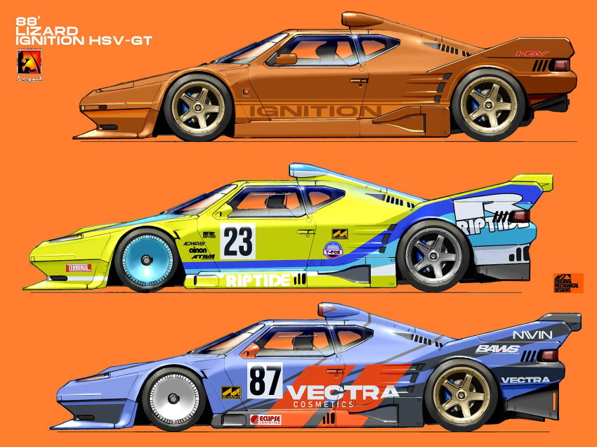 asterozoa car from_side highres logo motor_vehicle no_humans orange_background r4:_ridge_racer_type_4 race_vehicle racecar redesign ridge_racer shadow simple_background spoiler_(automobile) variations vehicle_focus vehicle_name