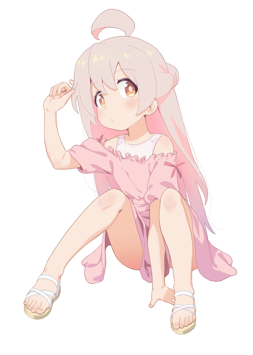 1girl absurdres ahoge arm_between_legs blush brown_eyes closed_mouth colored_inner_hair dress eyelashes feet frilled_dress frills full_body grey_hair hair_between_eyes hand_up highres knees_up legs long_hair looking_at_viewer multicolored_hair on_ground onii-chan_wa_oshimai! oyama_mahiro pink_dress pink_hair sandals shadow shiina_excel short_sleeves simple_background sitting solo thighs toenails toes white_background