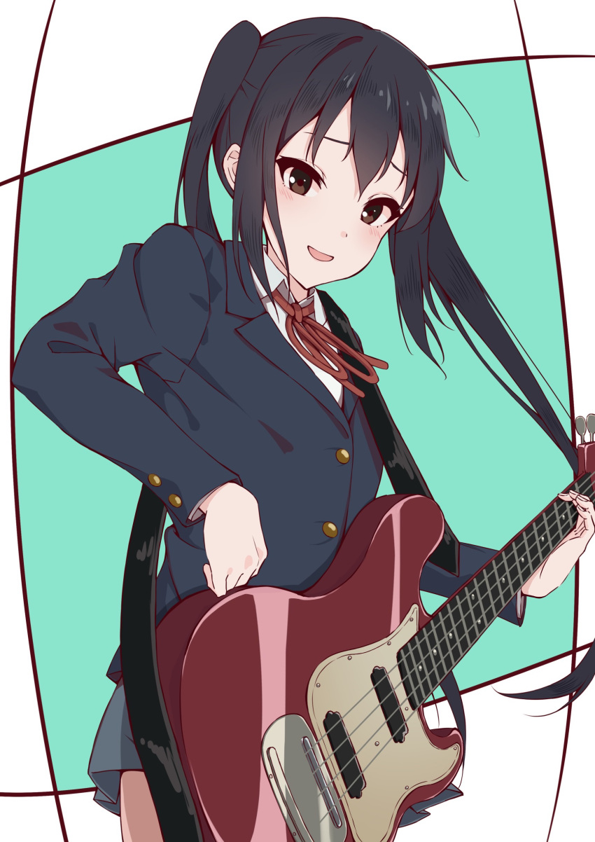 1girl :d absurdres black_hair black_jacket blush brown_eyes collared_shirt commentary_request cowboy_shot grey_skirt guitar hair_between_eyes highres holding holding_instrument instrument jacket k-on! komura_hiroto long_hair long_sleeves looking_at_viewer nakano_azusa neck_ribbon open_mouth pleated_skirt red_ribbon ribbon sakuragaoka_high_school_uniform school_uniform shirt sidelocks skirt smile solo standing twintails white_shirt winter_uniform