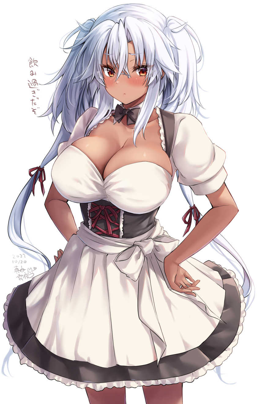 1girl absurdres alternate_costume black_bow black_bowtie black_corset bow bowtie breasts brown_eyes cleavage corset dark-skinned_female dark_skin dated detached_collar dirndl dress german_clothes grey_hair hair_between_eyes hands_on_own_hips highres kantai_collection large_breasts long_hair looking_at_viewer mashiro_yukiya musashi_(kancolle) puffy_short_sleeves puffy_sleeves short_sleeves signature solo twintails two_side_up underbust white_background white_dress