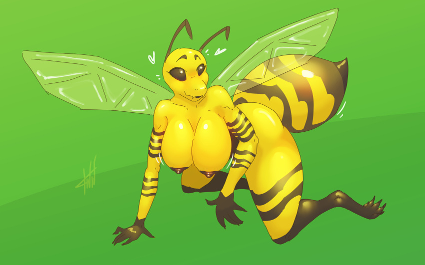 absurd_res animal_humanoid antennae_(anatomy) arthropod arthropod_humanoid big_breasts breasts female hi_res humanoid hymenopteran hymenopteran_humanoid insect insect_humanoid insect_wings kneeling nipples nude simple_background smile solo stinger tenides thick_thighs wasp wasp_humanoid wings