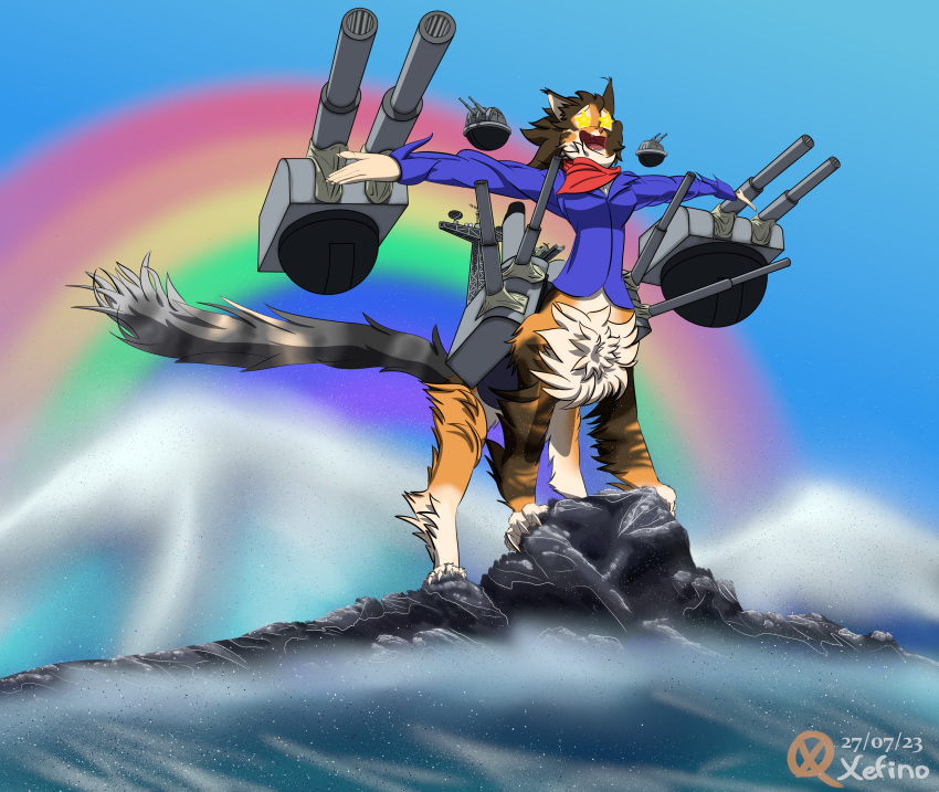 absurd_res anti_aircraft_guns azur_lane barrels blue_clothing blue_sky breasts brown_body brown_fur cat_taur clothed clothing domestic_cat felid felid_taur feline feline_taur felis female flying_guns flying_turrets funnel fur gun happy hi_res huge_filesize long_fur machine main_guns mammal mammal_taur military_equipment multicolored_body multicolored_fur orange_body orange_fur pose quadruped radar rainbow ranged_weapon red_scarf rock scarf secondary_gun sky solo solo_focus star_eyes taur turret water wave weapon xefino