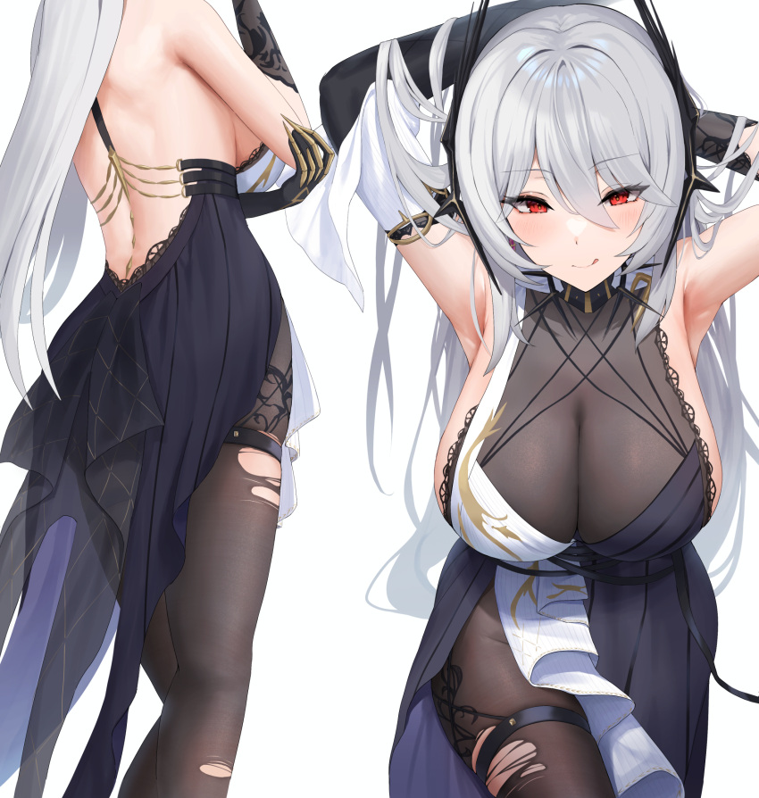 1girl :q aether_gazer armpits arms_up bare_shoulders black_gloves black_pantyhose blush breasts closed_mouth elbow_gloves futon_fly_away gloves grey_hair hades_(aether_gazer) hair_between_eyes highres large_breasts long_hair looking_at_viewer multiple_views pantyhose red_eyes sideboob simple_background smile thigh_strap thighs tongue tongue_out torn_clothes torn_pantyhose white_background