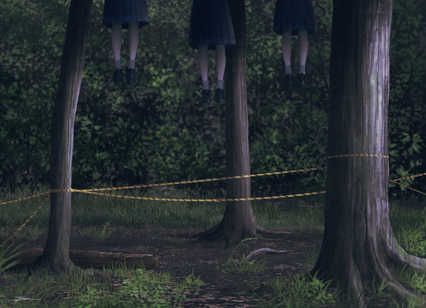 3girls absurdres black_footwear blue_skirt caution_tape commentary forest fracoco highres implied_suicide loafers multiple_girls nature original outdoors pleated_skirt school_uniform shoes signature skirt socks tree white_socks