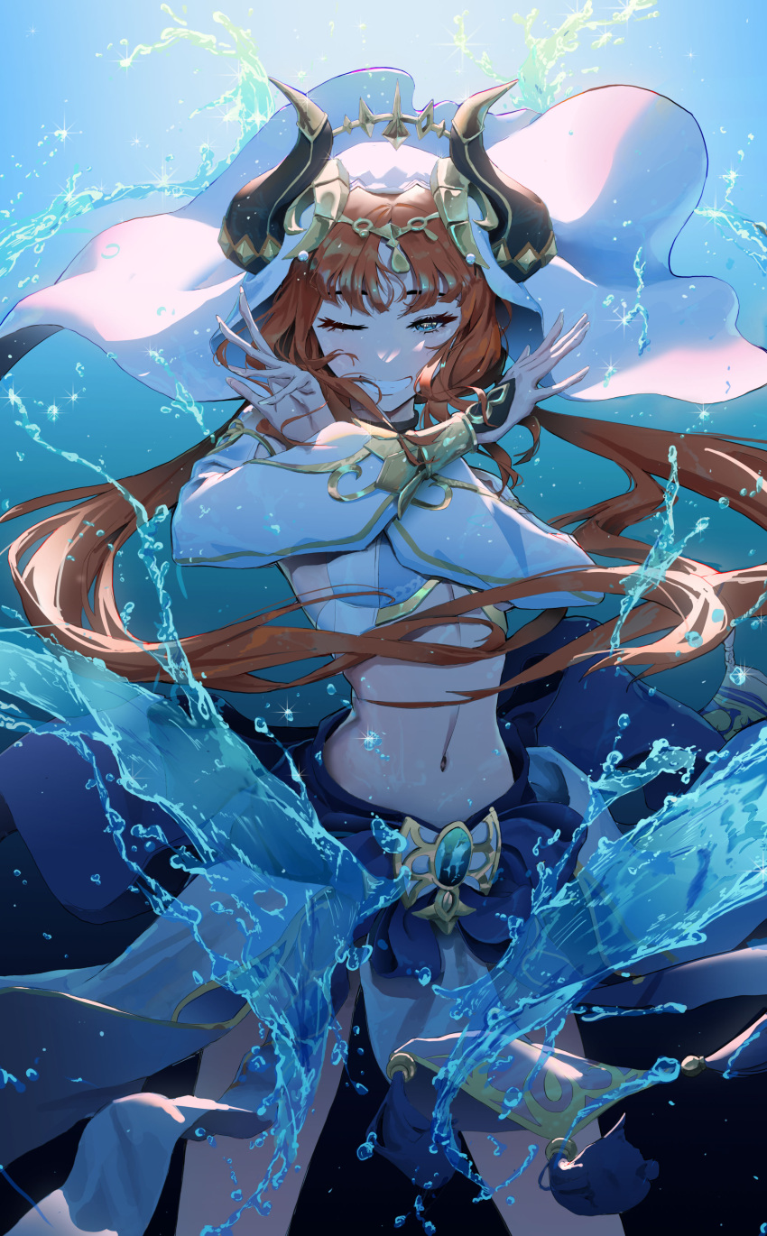 1girl absurdres blue_background blue_eyes blue_gemstone bracer breasts circlet commentary cowboy_shot crossed_arms dancer english_commentary eyelashes fake_horns floating_clothes gem genshin_impact gold_trim gradient_background grin harem_outfit highres horns jewelry jhigf long_hair long_sleeves looking_at_viewer medium_breasts navel neck_ring nilou_(genshin_impact) one_eye_closed parted_bangs pelvic_curtain puffy_long_sleeves puffy_sleeves red_hair simple_background smile solo standing stomach tassel teeth twintails water white_veil