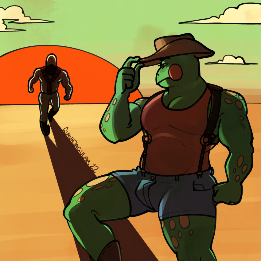 amphibian anthro bottomwear bulge clothed clothing cowboy_hat drawfee_(copyright) duo frog fully_clothed guavajagular hat headgear headwear hi_res hotpants human male mammal muscular muscular_anthro muscular_male ribbit_ranger shirt shorts spots spotted_body spotted_skin suspenders tank_top topwear