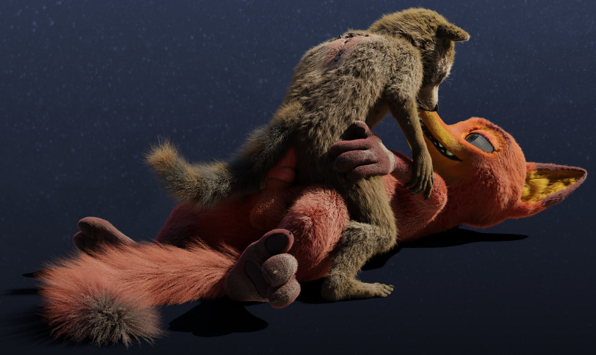 3d_(artwork) animal_genitalia animal_penis anthro back_scar balls belly black_nose blender_(software) brown_body brown_fur canid canine crossover cybernetics digital_media_(artwork) disney duo erection facial_markings facing_each_other fangs fluffy fluffy_tail fox from_behind_position fur genitals gloves_(marking) gradient_background guardians_of_the_galaxy half-closed_eyes head_markings hi_res lying machine male male/male mammal markings marvel mask_(marking) mounting narrowed_eyes nick_wilde on_back orange_body orange_fur pawpads penetration penis procyonid raccoon rear_view red_fox ring_(marking) ringtail rocket_raccoon rockyrcoon scar sex simple_background size_difference slightly_open_mouth smile tail tail_markings teeth whiskers white_muzzle yellow_belly zootopia