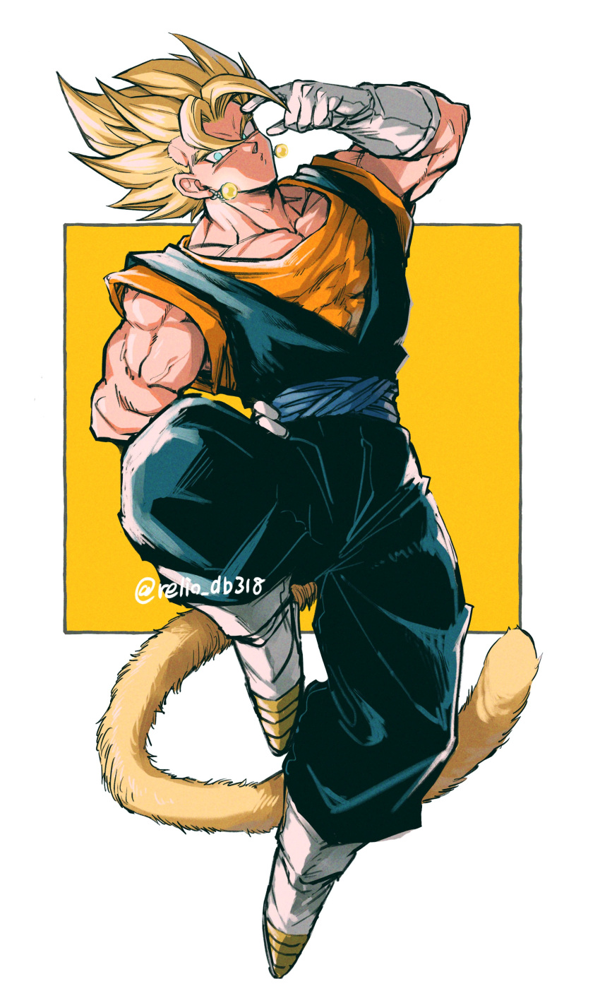 1boy absurdres arm_up artist_name biceps blonde_hair blue_eyes blue_pants blue_sash boots closed_mouth collarbone dougi dragon_ball dragon_ball_z earrings full_body gloves hand_on_own_hip highres jewelry leg_up looking_at_viewer male_focus monkey_tail muscular muscular_male orange_shirt pants pectorals potara_earrings relio_db318 sash shirt short_sleeves simple_background solo spiked_hair super_saiyan super_saiyan_1 tail twitter_username two-tone_background v-shaped_eyebrows vegetto veins white_background white_footwear white_gloves yellow_background