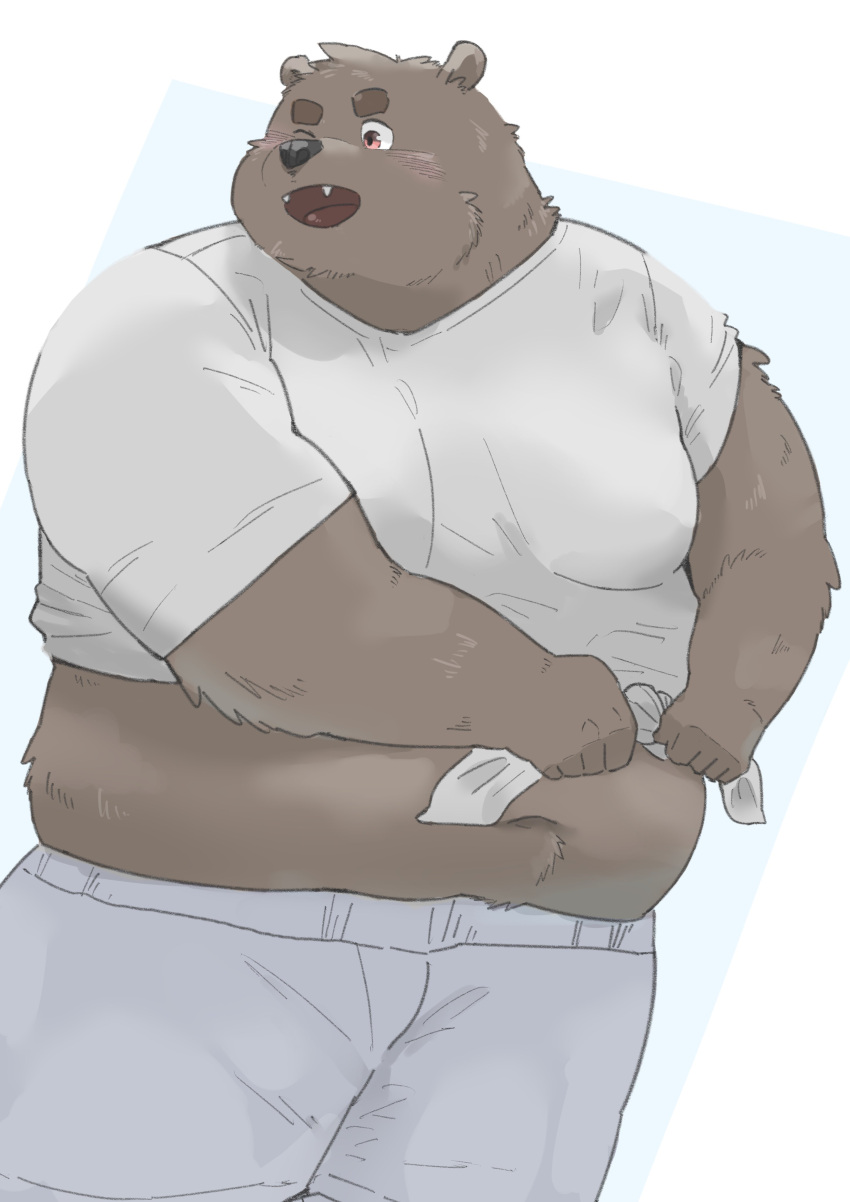 2023 absurd_res anthro bear belly big_belly black_nose bottomwear brown_body brown_fur clothing en_1_9 fur hi_res kemono male mammal one_eye_closed overweight overweight_male shirt shorts simple_background solo topwear