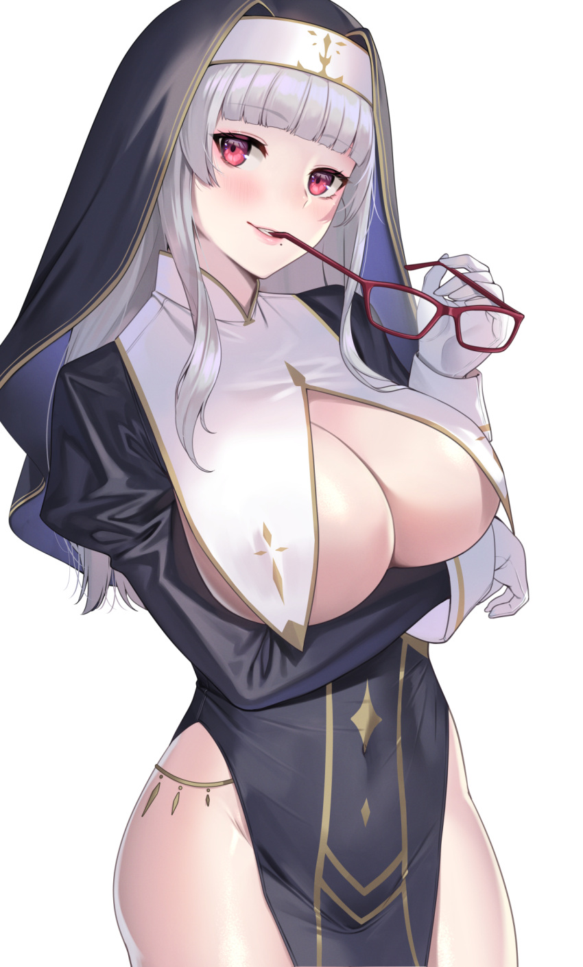 1girl black_dress blunt_bangs blush breast_curtains breasts cleavage covered_navel deras dress eyewear_removed glasses gloves grey_hair grin habit highres large_breasts long_hair long_sleeves looking_at_viewer mole mole_under_mouth nun original pelvic_curtain red-framed_eyewear red_eyes revealing_clothes revision side_slit sidelocks smile solo thighs white_background white_gloves