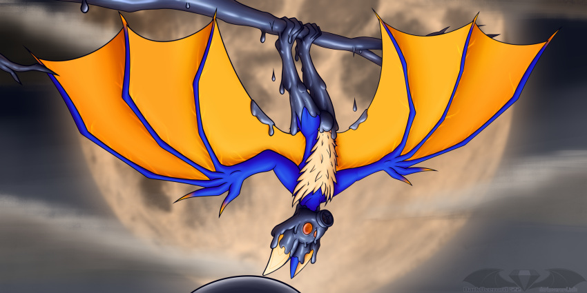 &gt;:d 2022 2:1 anthro bat bat_wings belly blue_body blue_fur blue_hair branch cheek_tuft chin_tuft claws cloud darkoverord detailed_background digital_drawing_(artwork) digital_media_(artwork) dripping drone dronification facial_tuft fangs fauxhawk ferris_brubat first_person_view flashlight fluffy_chest fur glowing glowing_claws glowing_ears glowing_eyes glowing_hair glowing_nose glowing_pupils glowing_tongue glowing_veins goo_transformation hair hanging_by_feet hanging_from_branch head_tuft hi_res hypnosis liquid_latex looking_at_viewer male mammal membrane_(anatomy) membranous_wings mind_control multicolored_hair night null null_bulge nullification orange_body orange_eyes orange_fur orange_hair orange_membrane orange_moon orange_tongue partial_transformation rubber solo spiral_eyes supermoon tan_belly tan_body tan_fur teeth tongue tongue_out transformation tuft two_tone_hair upside_down wings