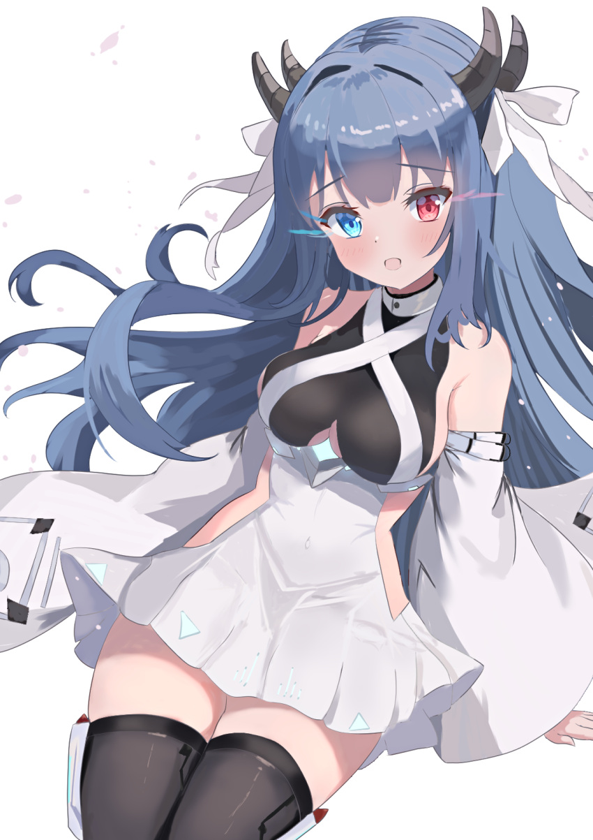 1girl azur_lane blue_eyes blue_hair choker clothing_cutout commentary_request covered_navel detached_sleeves dress duosix_setsu0408 glowing glowing_eyes heterochromia highres horns ibuki_(azur_lane) lace lace_choker long_hair multicolored_clothes multicolored_dress multiple_horns red_eyes ribbon sideless_outfit smile underboob_cutout white_background white_ribbon