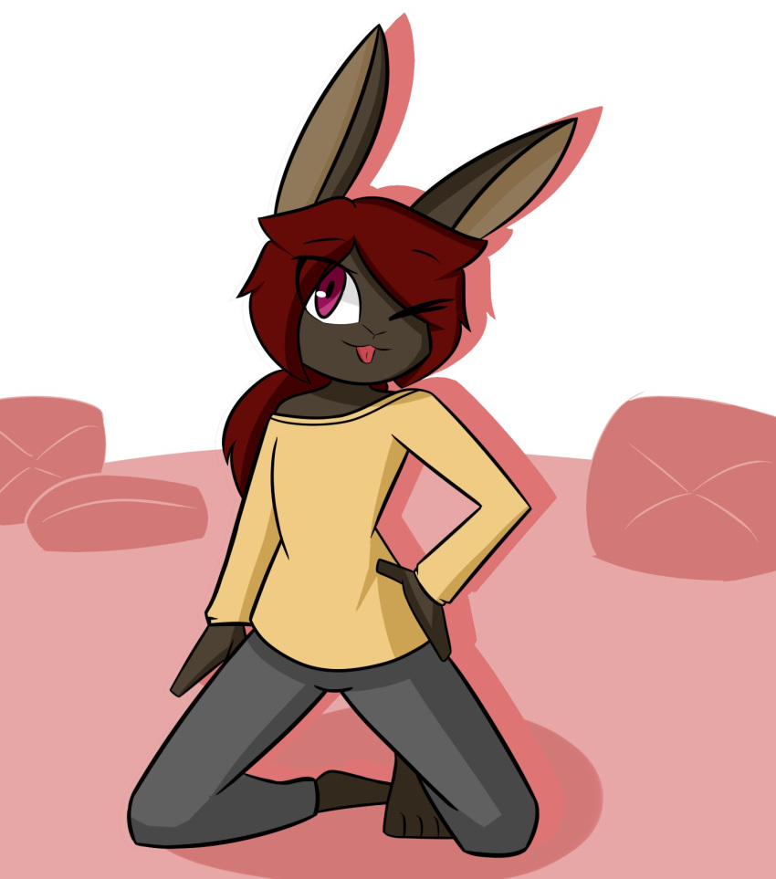 andromorph anthro blep bnuykass brown_body brown_fur clothed clothing dark_bottomwear fully_clothed fur hair hand_on_hip hi_res intersex kneeling lagomorph leporid mammal one_eye_closed pink_eyes ponytail rabbit rabbit_ears red_hair simple_background solo tongue tongue_out topwear yellow_clothing yellow_topwear