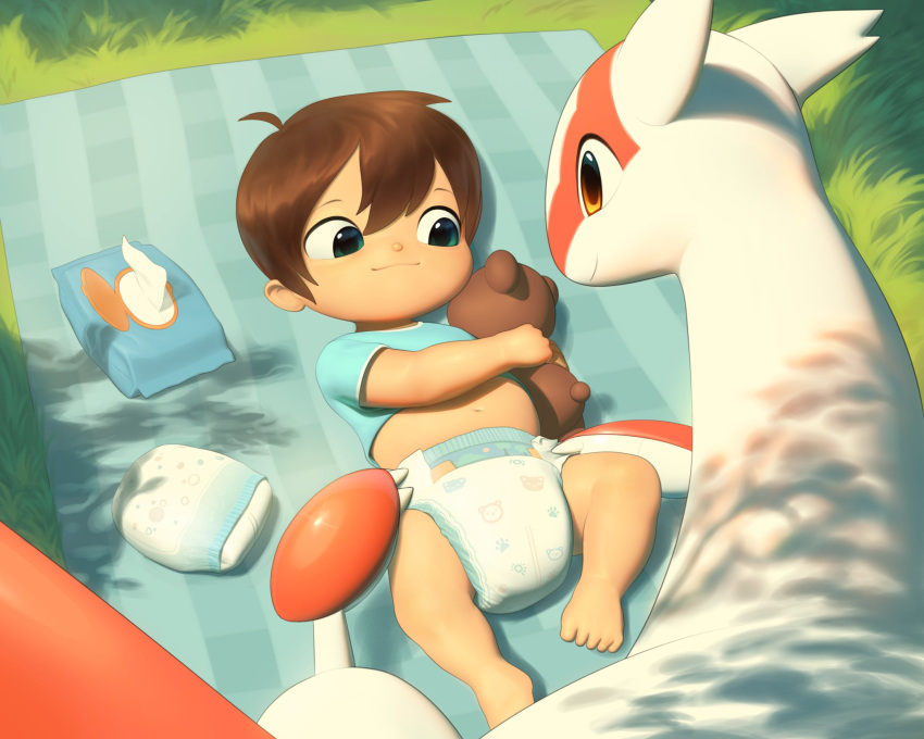 baby baby_wipes bedding belly blanket child diaper diaper_change discarded_diaper duo feet felyn female floating generation_3_pokemon grass hand_on_diaper hi_res human latias legendary_pokemon lying male mammal navel nintendo on_back outside plant plushie pokemon pokemon_(species) shadow smile teddy_bear toddler toes touching_diaper young