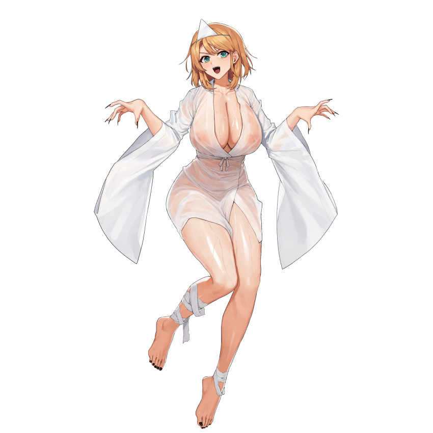 1girl aqua_eyes areola_slip bandaged_ankle barefoot black_nails blonde_hair bow breasts cleavage collarbone evil_grin evil_smile fingernails floating frost_serpent_(last_origin) full_body ghost_costume ghost_pose grin hair_intakes halloween halloween_costume highres huge_breasts japanese_clothes kimono last_origin looking_at_viewer loose_bandages nail_polish naked_kimono obi official_alternate_costume official_art open_mouth sash see-through_kimono sharp_fingernails shiroshouzoku short_hair short_kimono simple_background smile solo tachi-e teeth third-party_source toenail_polish toenails transparent_background triangular_headpiece tunamayo_(dsasd751) v-shaped_eyebrows waist_bow wet wet_clothes wet_kimono white_kimono wide_sleeves