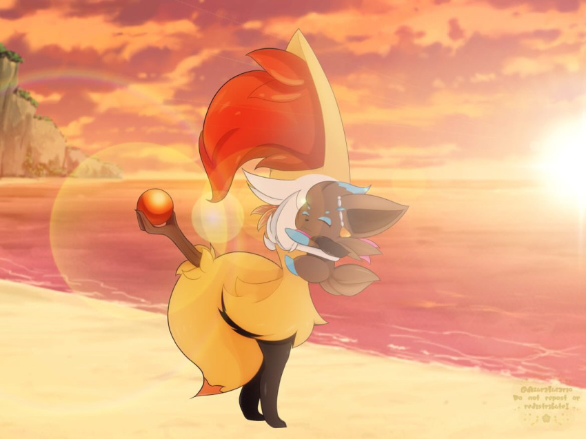 aaron_akio aaron_the_braixen beach braixen dawn_the_zorua duo female generation_5_pokemon generation_6_pokemon lucazura male male/female nintendo pokemon pokemon_(species) seaside sunset zorua