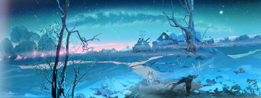 animal artist_name branch cat cloud colorful dark_skin field flower frozen_lake highres house illumi999 lake licking_paw light moon night night_sky original rooftop shadow sky snow snow_on_tree star_(sky) starry_sky tree window